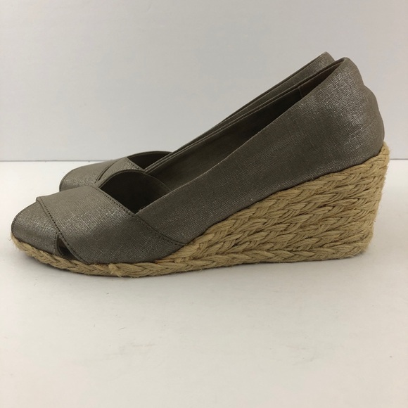 Lauren Ralph Lauren Shoes Womens 9 Cecilia Taupe Linen Wedge Peep Toe Metallic - Picture 4 of 13